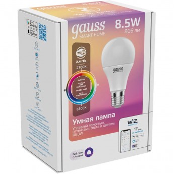 Лампа GAUSS SMART HOME A60 8,5W 806lm 2700-6500К E27 RGBW+изм.цвет.темп.+диммирование LED