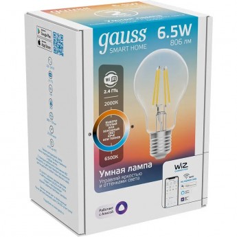 Лампа GAUSS SMART HOME FILAMENT А60 6,5W 806lm 2000-6500К E27 изм.цвет.темп.+дим. LED