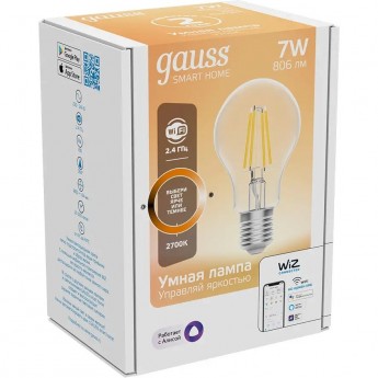 Лампа GAUSS SMART HOME FILAMENT А60 7W 806lm 2700К E27 диммируемая LED