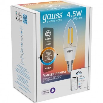 Лампа GAUSS SMART HOME FILAMENT С35 4,5W 495lm 2000-6500К E14 изм.цвет.темп.+дим. LED