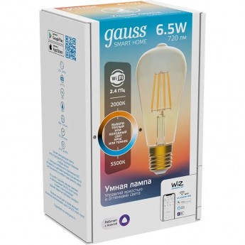 Лампа GAUSS SMART HOME FILAMENTST64 6,5W 720lm 2000-5500К E27 изм.цвет.темпр.+дим. LED