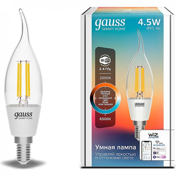 Лампа светодиодная диммируемая филаментная GAUSS SMART HOME FILAMENT E14 4,5W 2000-6500K прозрачная 1280112