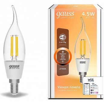 Лампа светодиодная диммируемая филаментная GAUSS SMART HOME FILAMENT E14 4,5W 2700K прозрачная 1260112