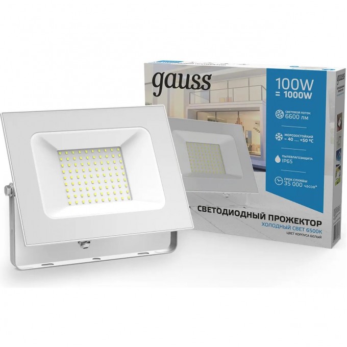 Прожектор GAUSS ELEMENTARY 100W 9500lm 6500K 175-265V IP65 LED 1/10 белый 613120300