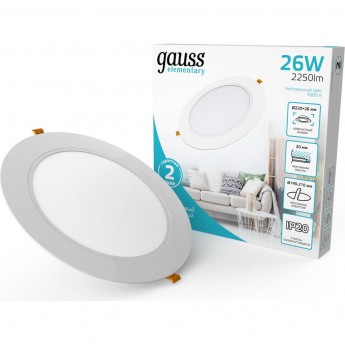 Светильник GAUSS ELEMENTARY DOWNLIGHT круг 26W 2250m 4000K 170-260V IP20 220*26 белый LED 1/40