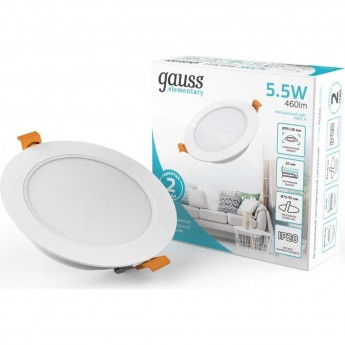 Светильник GAUSS ELEMENTARY DOWNLIGHT круг 5,5W 460lm 4000K 170-260V IP20 95*26 белый LED 1/100