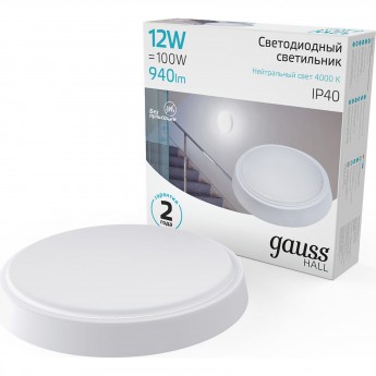 Светильник GAUSS HALL ЖКХ круг 940lm 200-240V D135*32мм белый LED 1/40