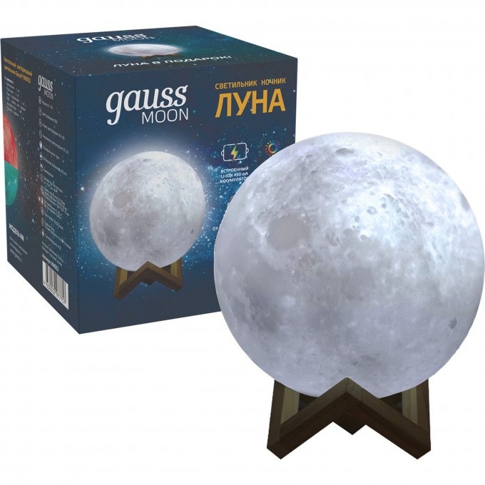 Светильник настольный GAUSS ЛУНА 3D RGB 5V Li-ion 450mA D10см белый c пультом LED 1/6/24 NN002