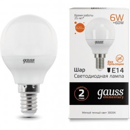 Светодиодная лампа GAUSS LED ELEMENTARY GLOBE 6W E14 3000K